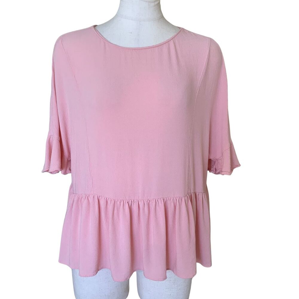 Zara Pink Peplum Hem Blouse Top XS Short Sleeve Feminine Ruffle